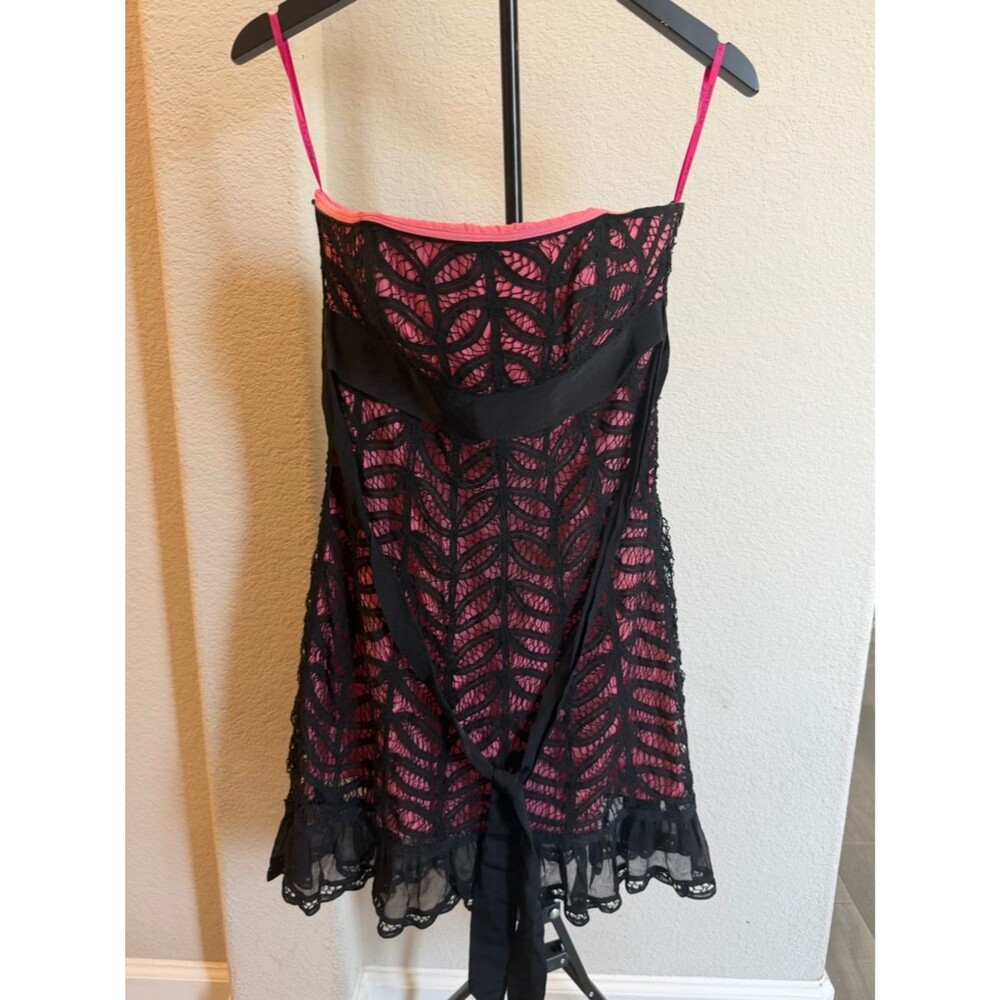 Betsey Johnson Hot Pink Dress Lace with Black Bow Detail 6 Y2K Vintage
